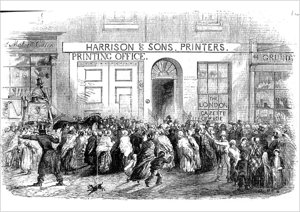 Crowd outside the London Gazette Office, London, 1854