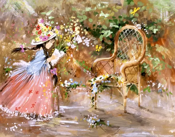 Dreamlike painting of a flowergirl and whicker chair