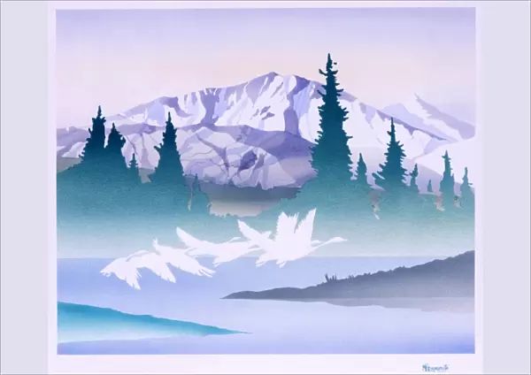 Fantasy Landscape - Geese flying over snowy scene