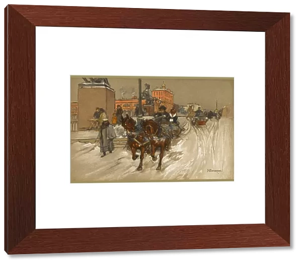 A russian town scene with horse sleigh
