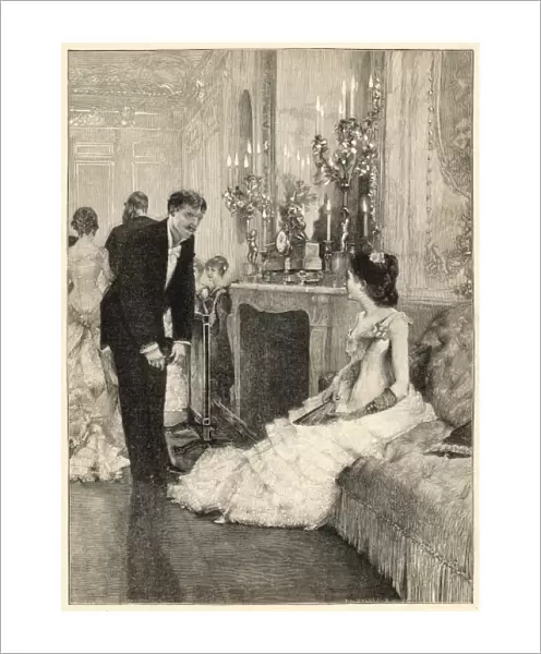 At a Ball. A seated lady is asked to dance by a gentleman