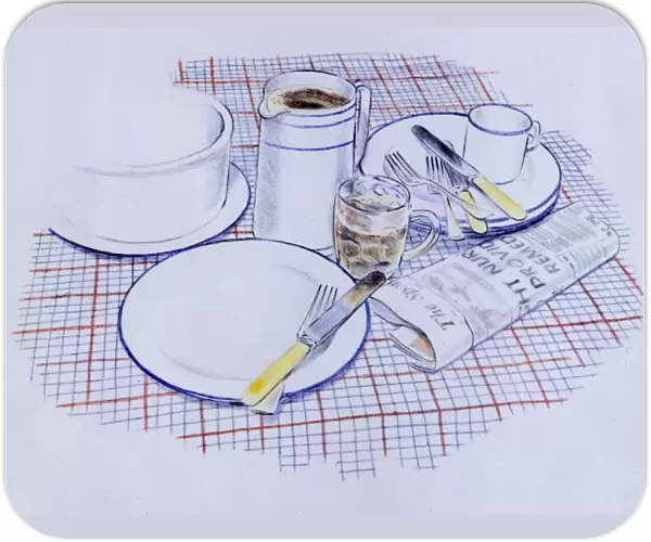 Still life with crockery, cutlery, beer glass and newspaper