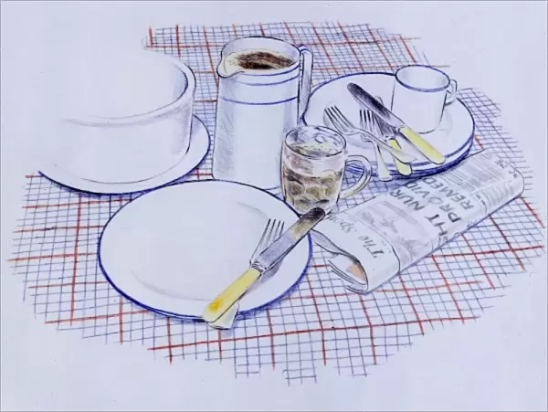 Still life with crockery, cutlery, beer glass and newspaper
