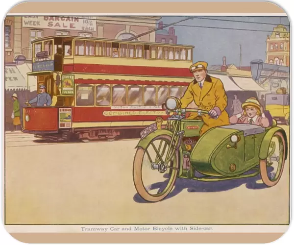 Tramway car and motor bicycle with side-car