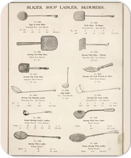 An assortment of slices, soup ladles and skimmers