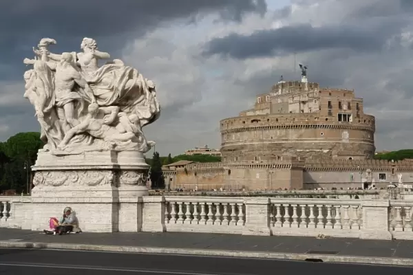 Sculpture, Bridge and Castle, Rome, Italy
