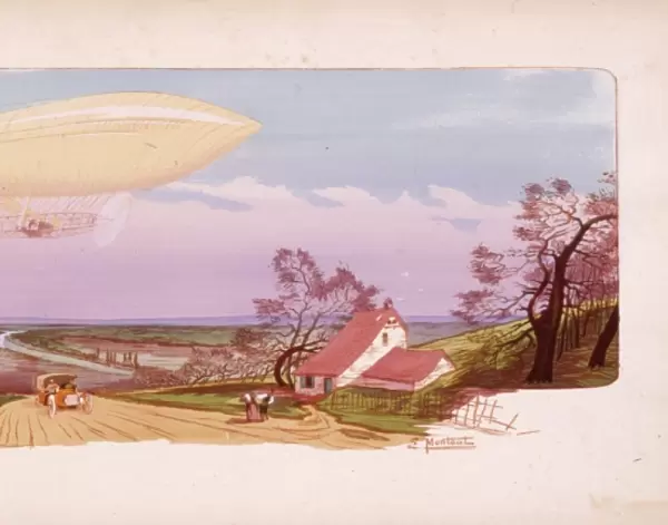Zeppelin hovering over the countryside