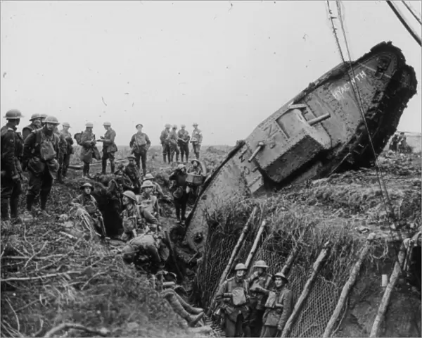 Soldiers and tank in trench