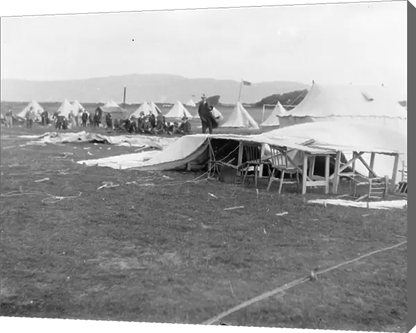 Scene on a shooting range, with collapsed tent