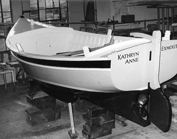 Rowing boat, the Kathryn Anne, in a boatbuilders workshop