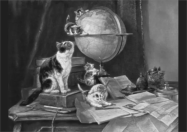 Cats and kittens playing with a globe on a desk