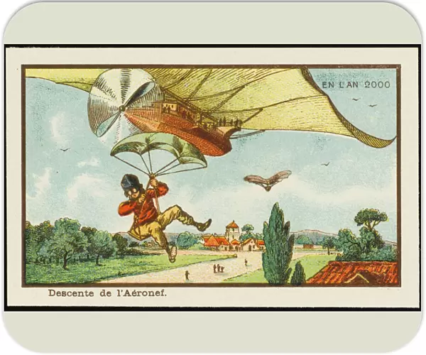 Futuristic pilot leaving his airship by parachute