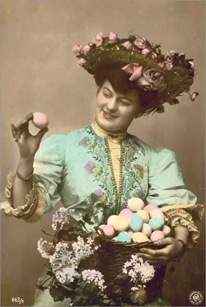 Lady with a basket full of decorated Easter eggs