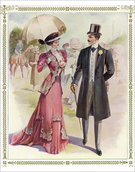 Couple at the races in a costume brochure