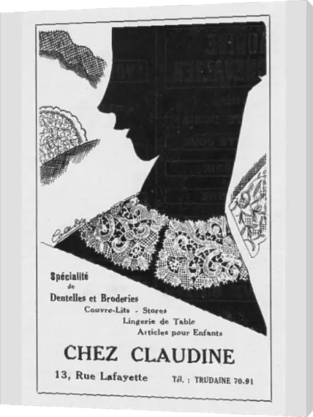 Advert for lace by Chez Claudine, 1926, Paris