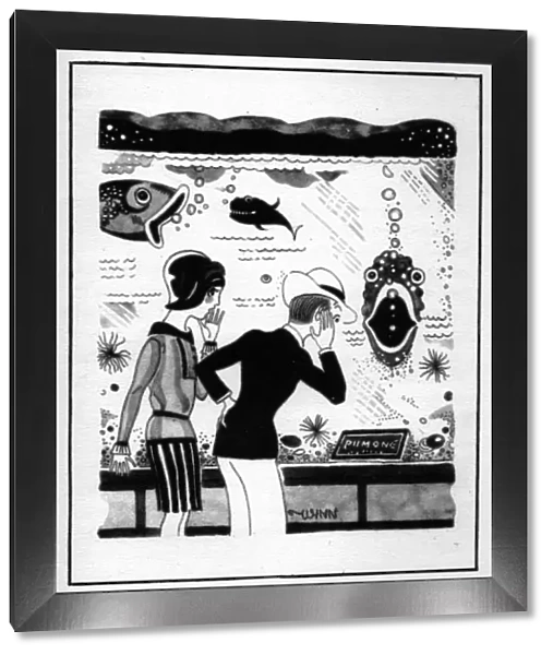 Sketch of couple looking at fish tank, 1920s