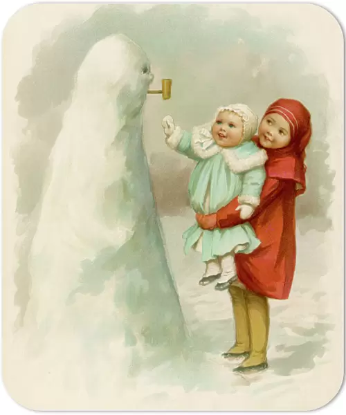 Sister holding up baby to see their snowman