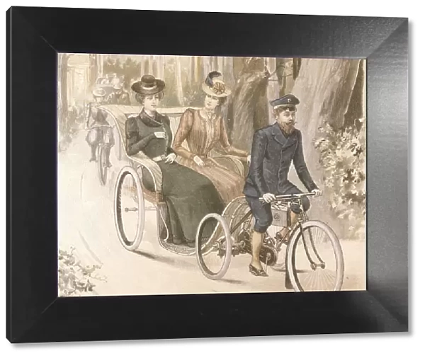 Two women in cycle-drawn carriage