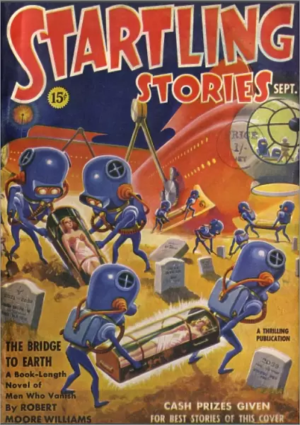 Startling Stories Scifi Magazine Cover, Aliens grave robbing