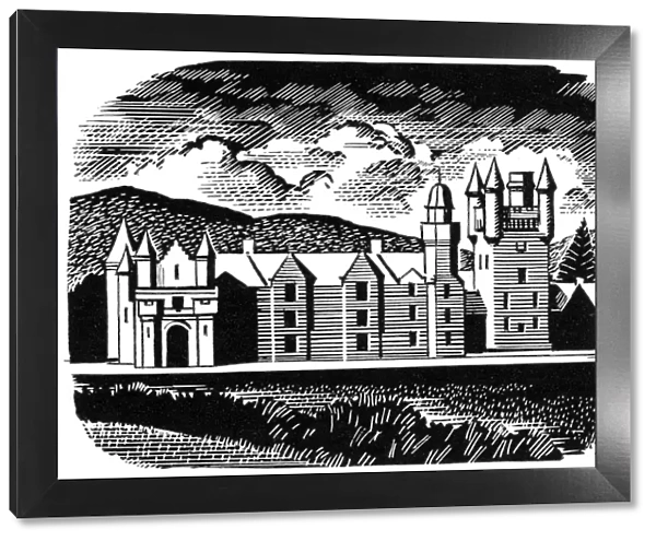Balmoral. Etching of Balmoral Castle, one of a series of five illustrations