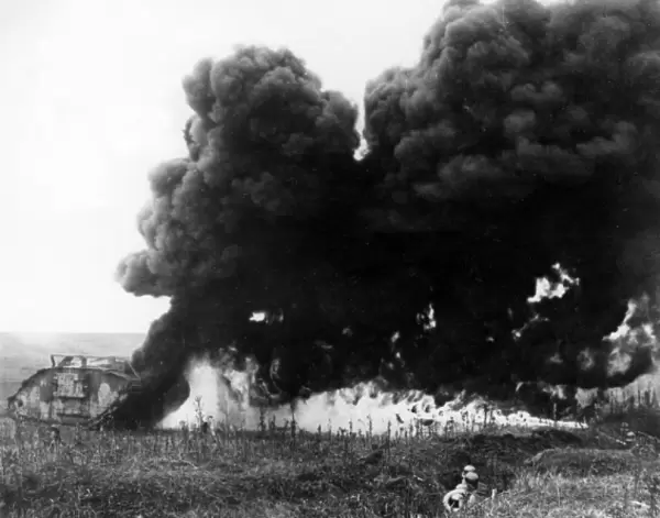 German flame throwers in action against British tank, WW1