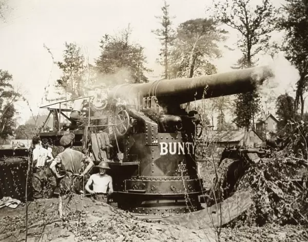 Big gun smoking after being fired, Western Front, WW1