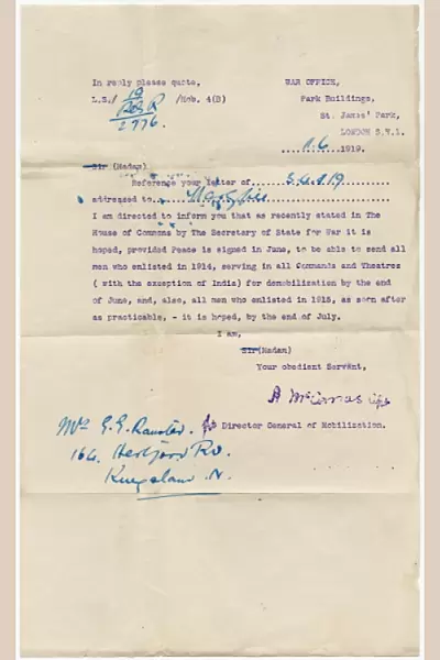 War Office letter to Mrs G G Ranstead