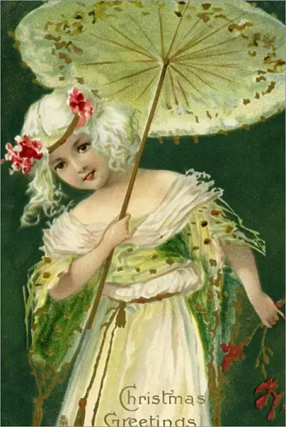 Christmas Greetings -- girl with a parasol