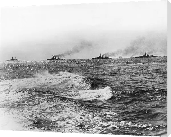 Four British battleships at sea, WW1