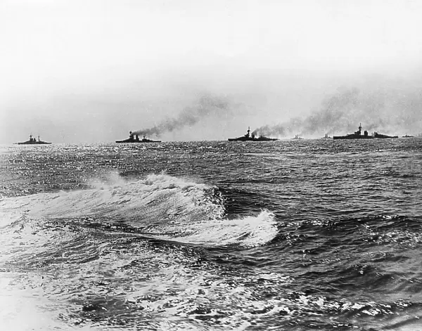 Four British battleships at sea, WW1