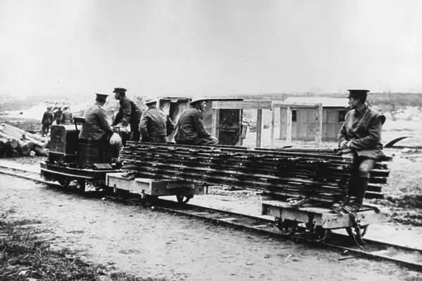 British troops laying light railway, WW1