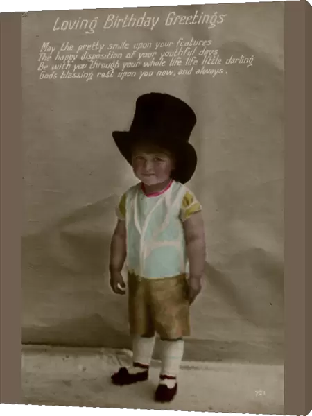 Little boy in large top hat on a birthday postcard