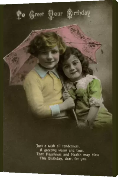 Little girl and boy on birthday postcard
