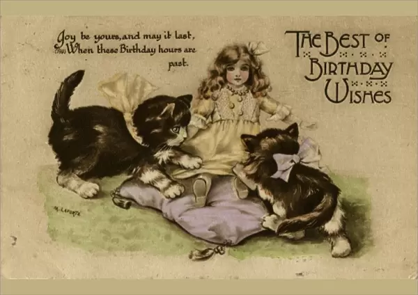 Two kittens playing with a doll on a birthday postcard