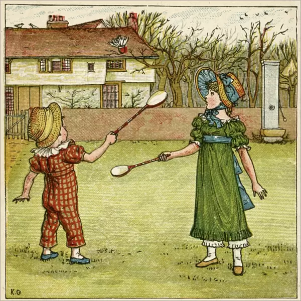 Girl and boy playing shuttlecock and battledore