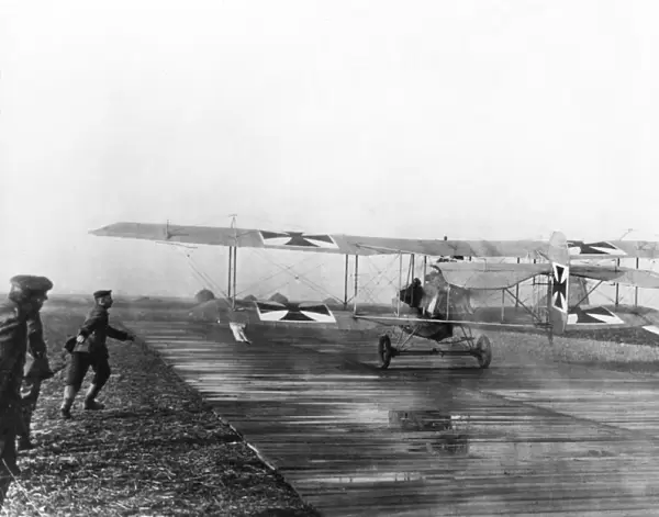 German biplane taking off from French airfield, WW1