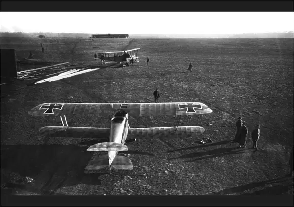 German airfield with two Hannover biplanes, WW1