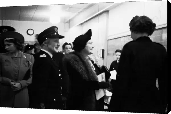 Queen Elizabeth reviews firewomen at Lambeth HQ, WW2