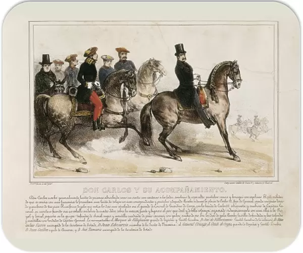 Spain. Don Carlos and his cortege in 1844. Engraving