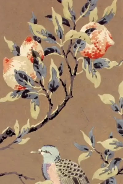 Design for Printed Textile with bird and fruit