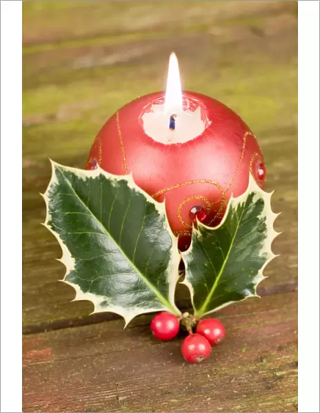 Christmas Candle and holly berries