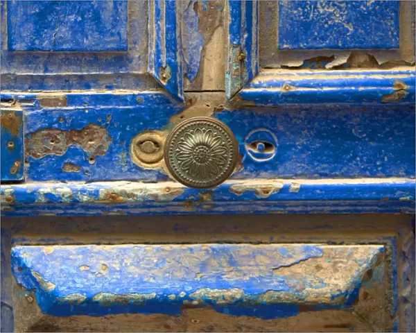 Morocco - close-up of chipped blue door & handle