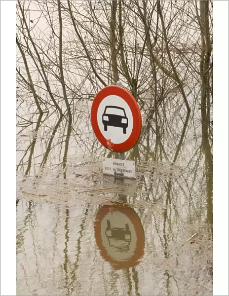 Traffic sign No cars allowed Flooded forelands of the river IJssel, The Netherlands in early spring