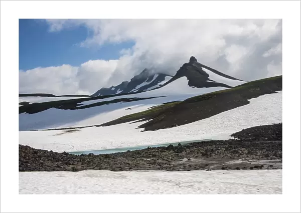 Snowfield below Mutnovsky volcano, Kamchatka, Russia, Eurasia