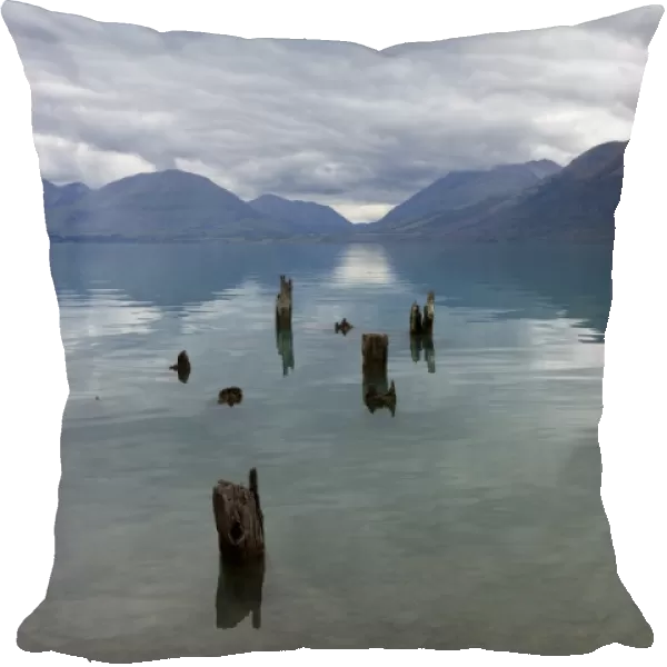 Old pier posts on Lake Wakatipu, Glenorchy, Otago, South Island, New Zealand, Pacific