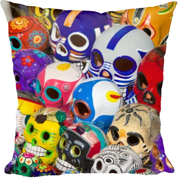 Painted skull souvenirs on market stall, Bucerias, Nuevo Vallarta, Nayarit, Mexico, North America