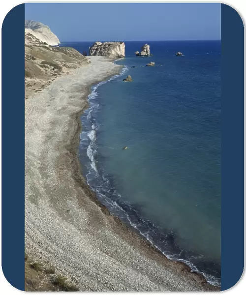 Aerial of coastline with Aphrodites Rock and birthplace, Petra tou Romiou in south