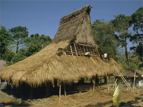 Men thatching the roof of a house near Moni