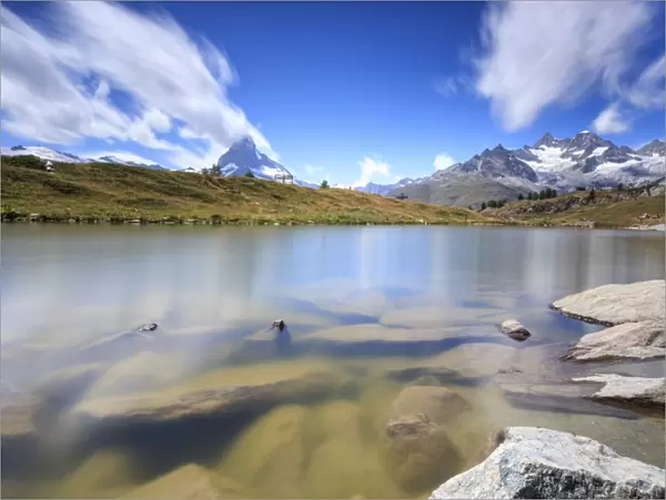 Lake Leisee frames the Matterhorn and the high peaks in the background in summer