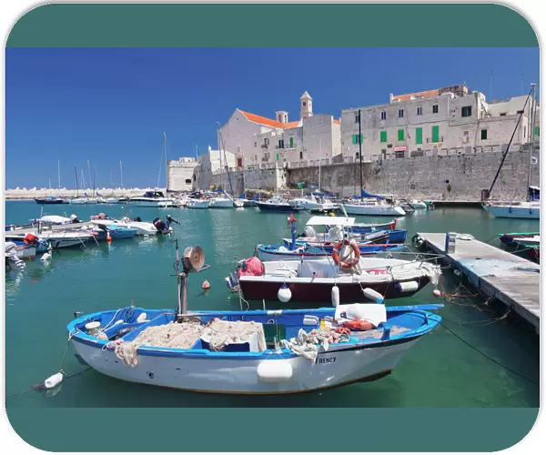 Fishing boats at the harbour, old town with cathedral, Giovinazzo, Bari district